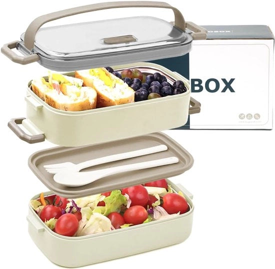 Lunchbox in acciaio inossidabile, 1100 ml, impermeabile, contenitore ermetico per pane con contenitori e set di utensili, contenitore per colazione, contenitore per spuntini per viaggi, contenitore per adulti, beige