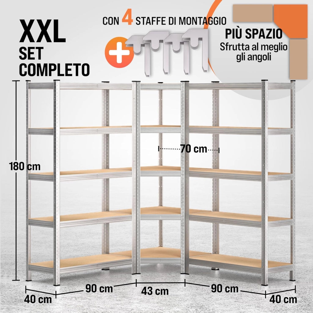 ® Scaffale Angolare Metallo 2625kg 15 Ripiani MDF Scaffalatura Metallica Scaffale Alta Portata Angolo Scaffali
