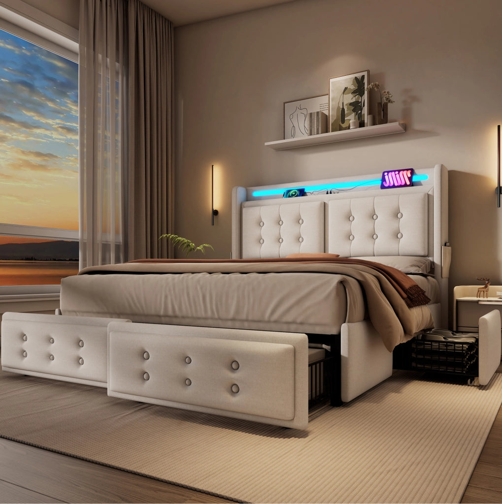 Letto matrimoniale 160x200 cm con LED; USB e USB-C; 4 cassetti; tessuto cotone-lino beige