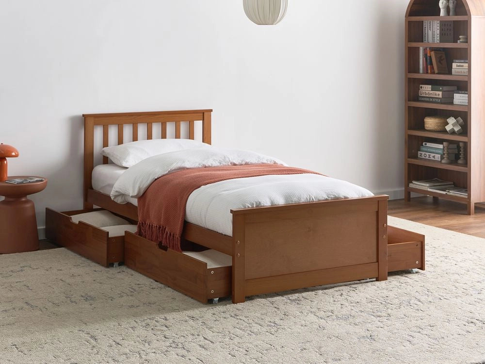 Letto singolo Legno di Pino Bianco con Rete a Doghe Minimalista 90 x 200 cm Testiera a doghe minimalista con 4 cassetti