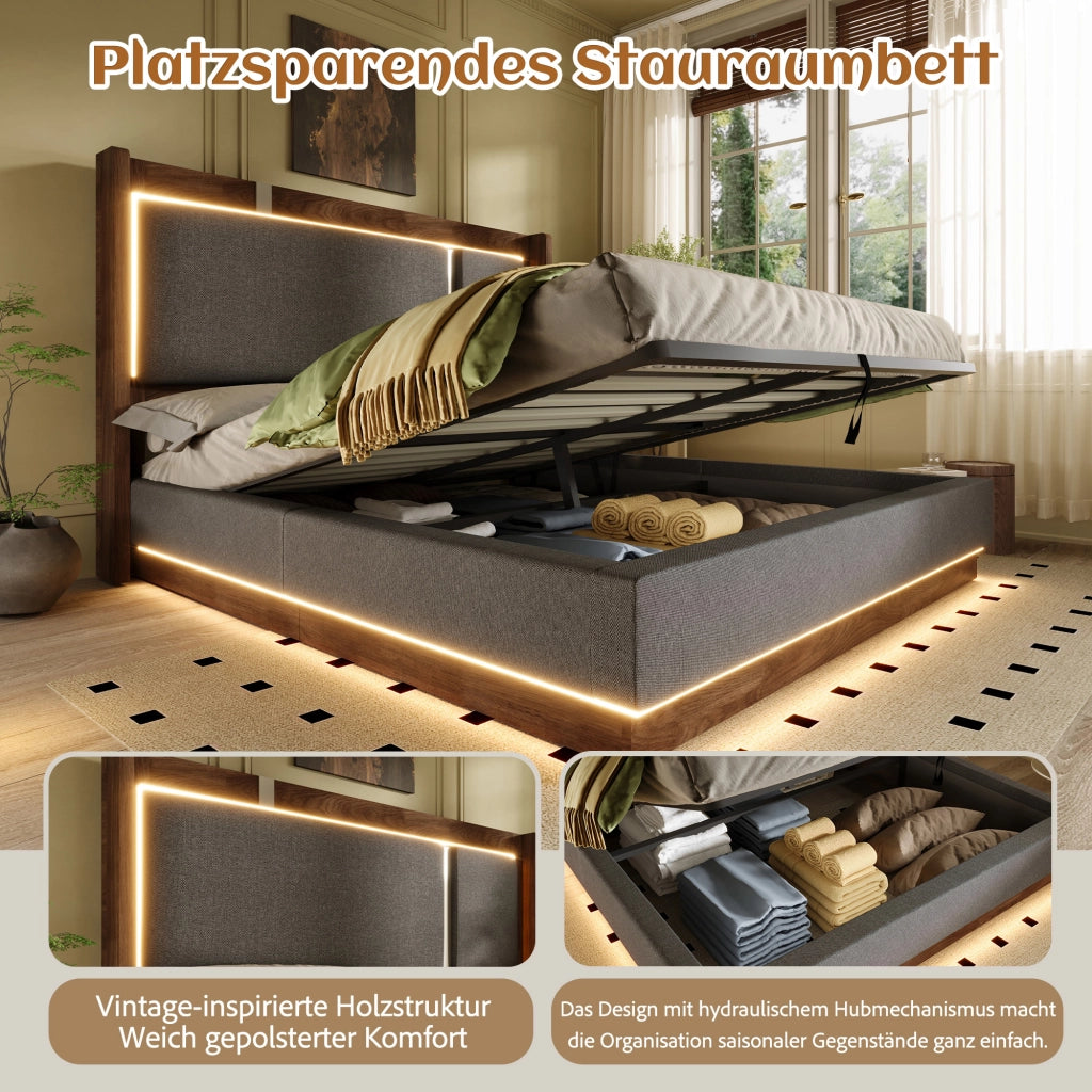 Letto contenitore 90 × 200 cm con LED, vano idraulico, senza materasso, in lino, grigio e noce