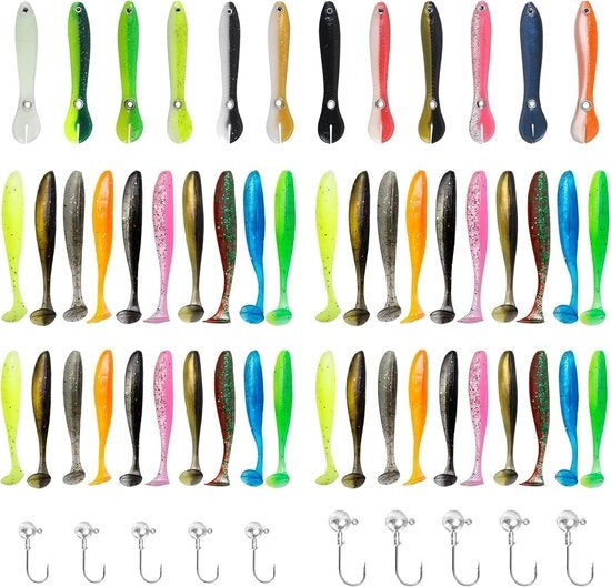 Set di Vistoli in Plastica 55 Pezzi - Vistoli di Plastica Molli - Jigkoppen - Vishaken - Adatto per Trota/Sogliola/Barbo - Aspetto Realistico - Giocattolo per Pescatori