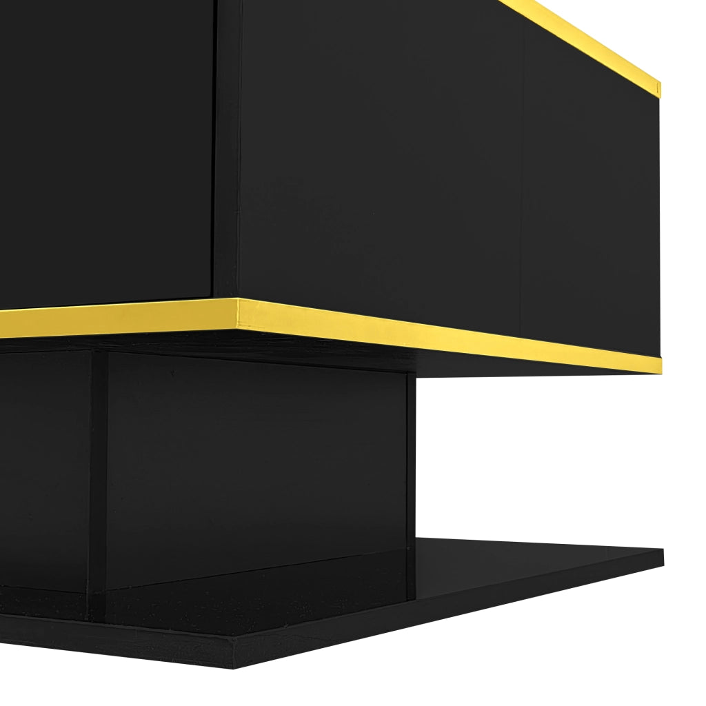 Tavolino da Caffè con 3 Cassetti e LED; Finitura Lucida; con Striscia USB; Decoro Oro; in Pannello Truciolare; Nero; 100×50×40 cm