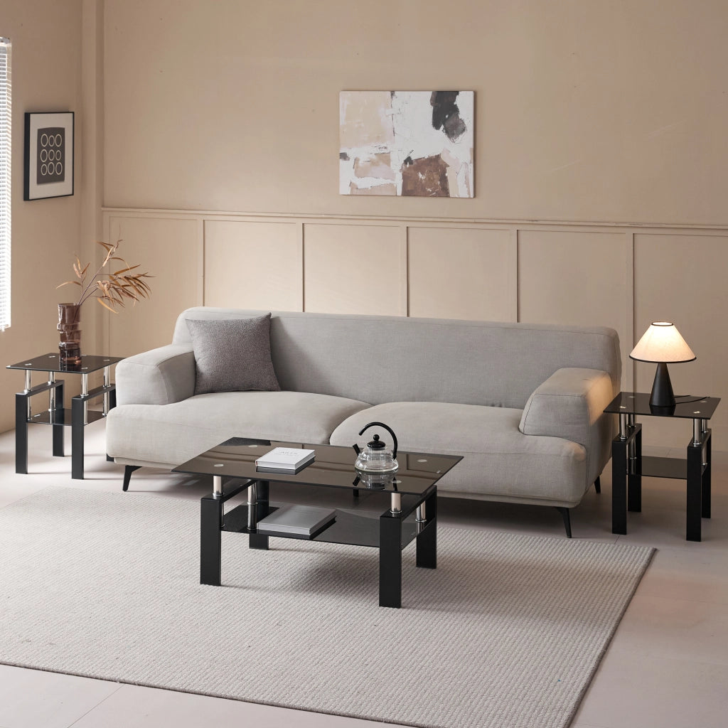 Tavolino da caffè con 2 ripiani - per soggiorno - in vetro e metallo - 100x60x44 cm - nero