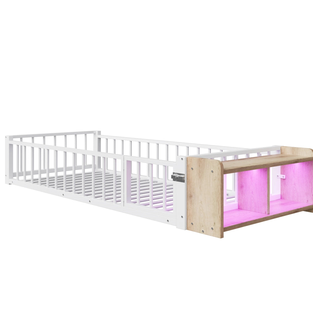 Letto 90x200 cm con sponda; vano portaoggetti e LED in MDF e metallo bianco