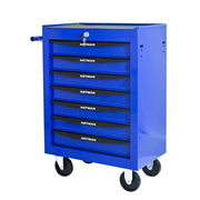 Mobile contenitore con 7 cassetti; ruote e chiusura a chiave per garage; in acciaio; nero e blu; 60×33×77.5 cm