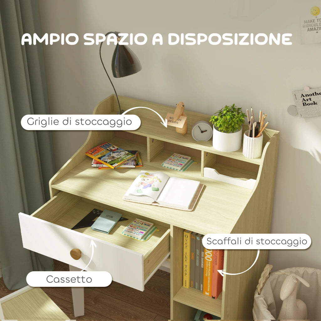 Set Scrivania per Bambini e Sedia in Legno con Scaffale e Cassetto, Et¨¤ 3-10 Anni, Bianco e Legno