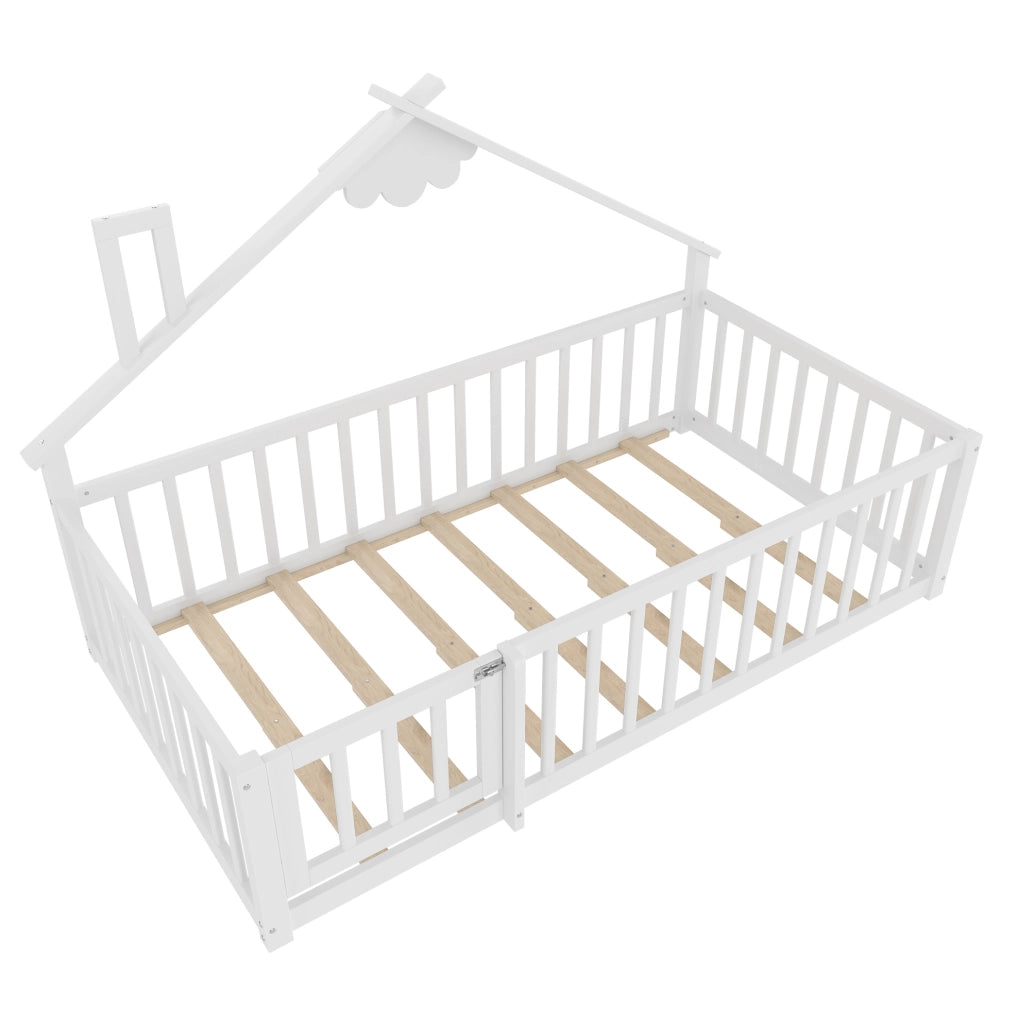 Letto per bambini 90x190 cm; casetta con sponda di sicurezza; legno e MDF; bianco (Senza materasso)
