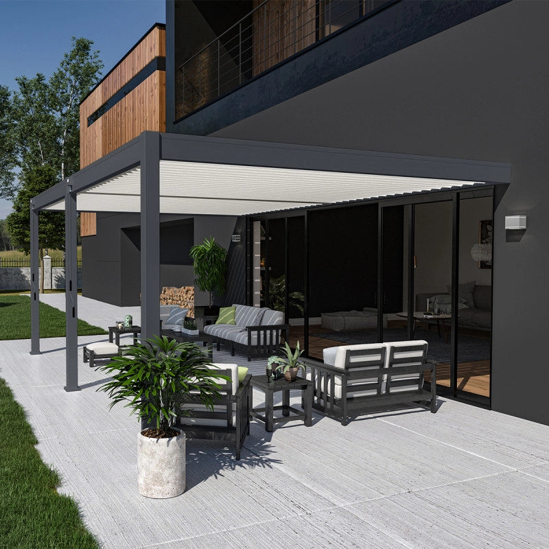 Pergola bioclimatica Ombréa addossata VS - 4x6M bicolore + 2 tende bianche