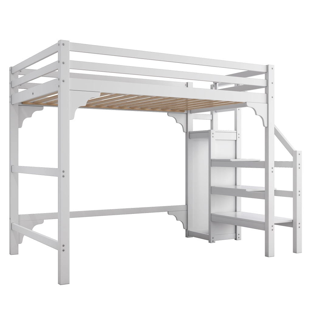 Letto a Soppalco Matrimoniale con Scala Contenitore e Armadio; 140 × 200 cm; senza Materasso; Bianco
