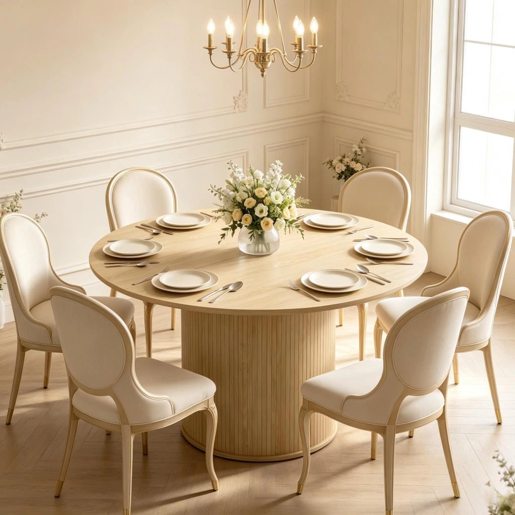 Tavolo da pranzo - rotondo per 4-6 persone - Ø120x75 cm - base cilindrica scanalata - effetto legno naturale