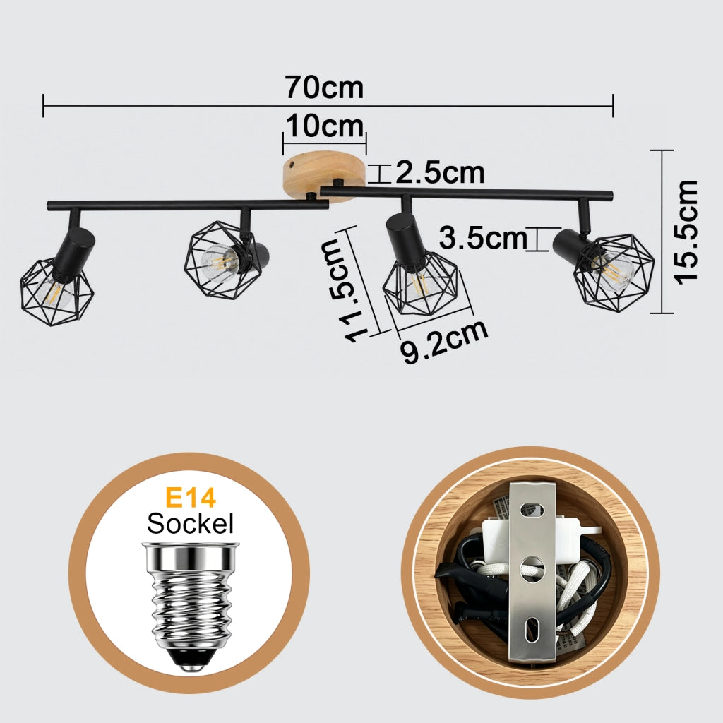 ZMH Faretto da soffitto 4 Luci Nero Legno E14 Vintage Industriale Orientabile 350¡ã per Cucina Soggiorno Senza Lampadina