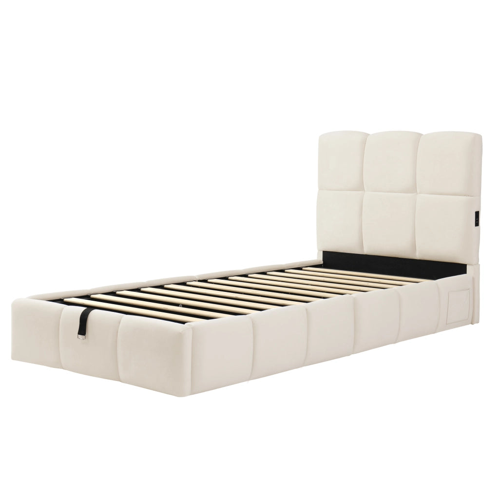 Letto Singolo 90 x 200 cm con Contenitore; USB e Type-C; in Velluto Beige