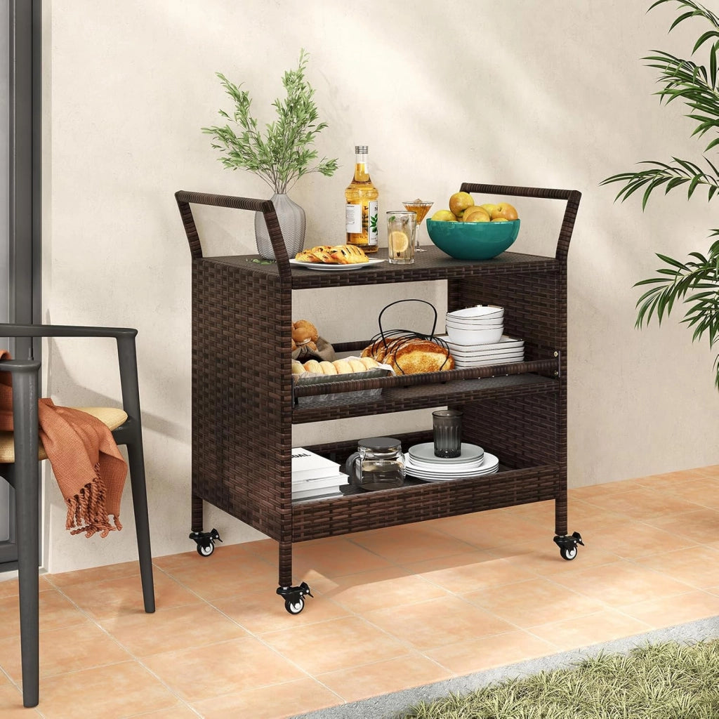 Carrello da portata per esterni, in rattan, da cucina su ruote, con 3 livelli con maniglie laterali, per barbecue, per giardino, piscina, terrazzo, 86 x 50 x 89 cm
