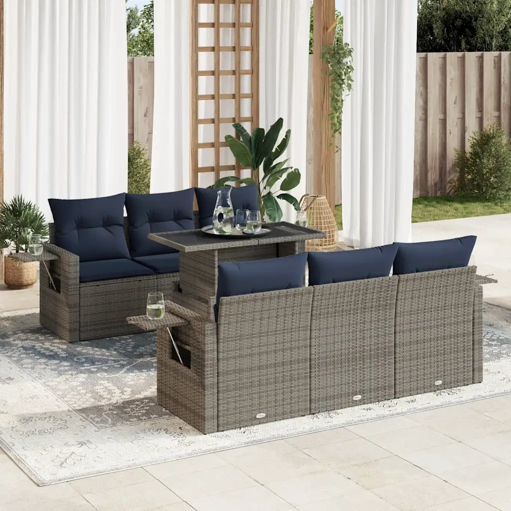 Set Divani da Giardino con Cuscini 7pz Nero Polyrattan Acacia