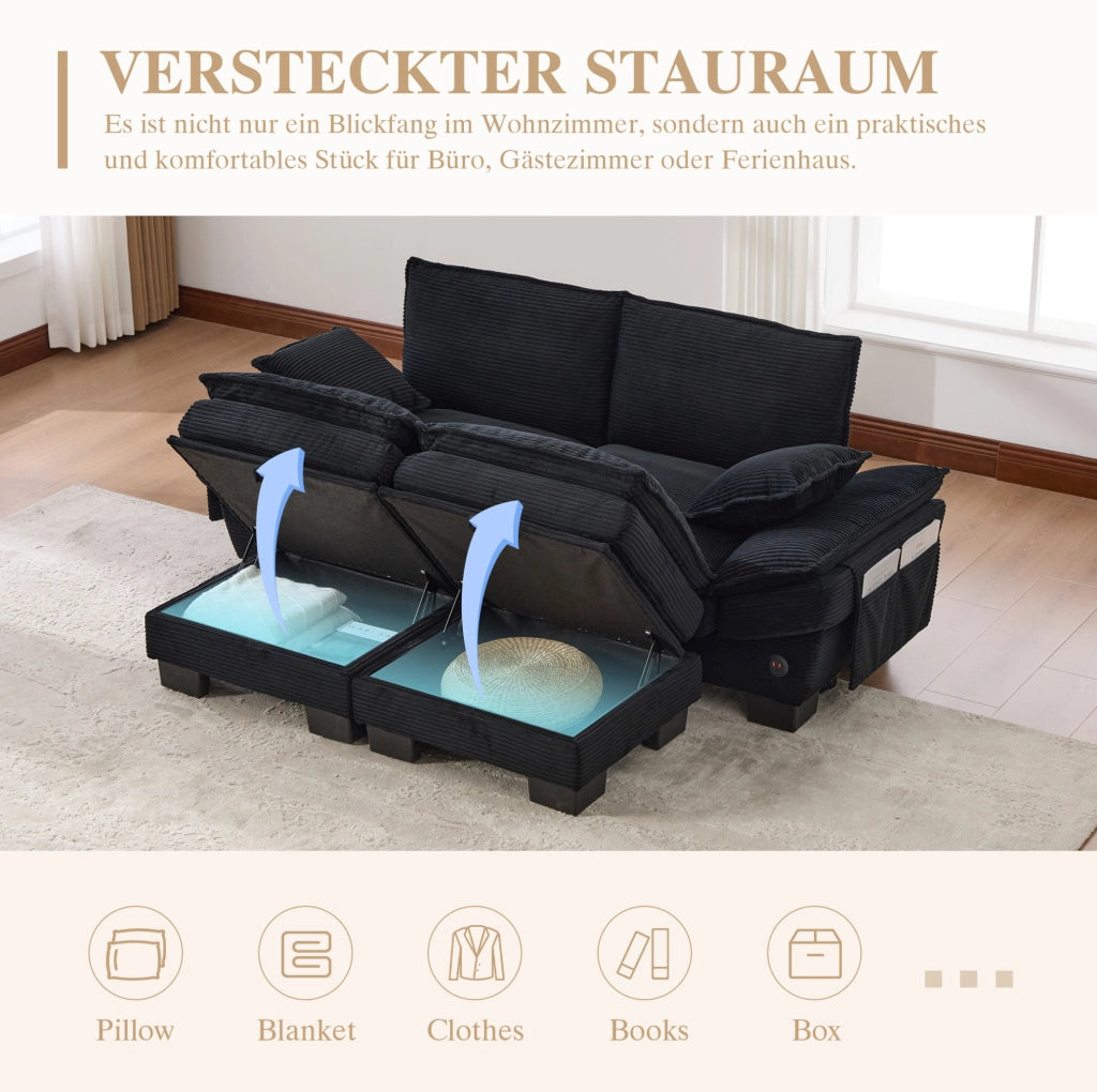 Divano modulare 2 posti in corduroy nero con 2 pouf; USB-C e tasche laterali 190x132x84 cm