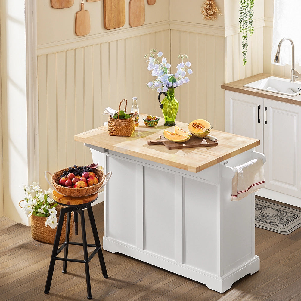 SoBuy | Isola cucina bianca con 4 ruote | Carrello cucina con 2 porte | Cucina a penisola con 3 cassetti | 128.0x71.0x90.5 cm | Capacità di carico 94 kg | FKW41-II-WN
