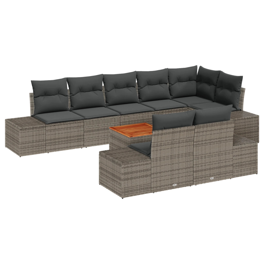 Set Divano da Giardino da 9 Pezzi con Cuscini Grigio Polyrattan Acacia