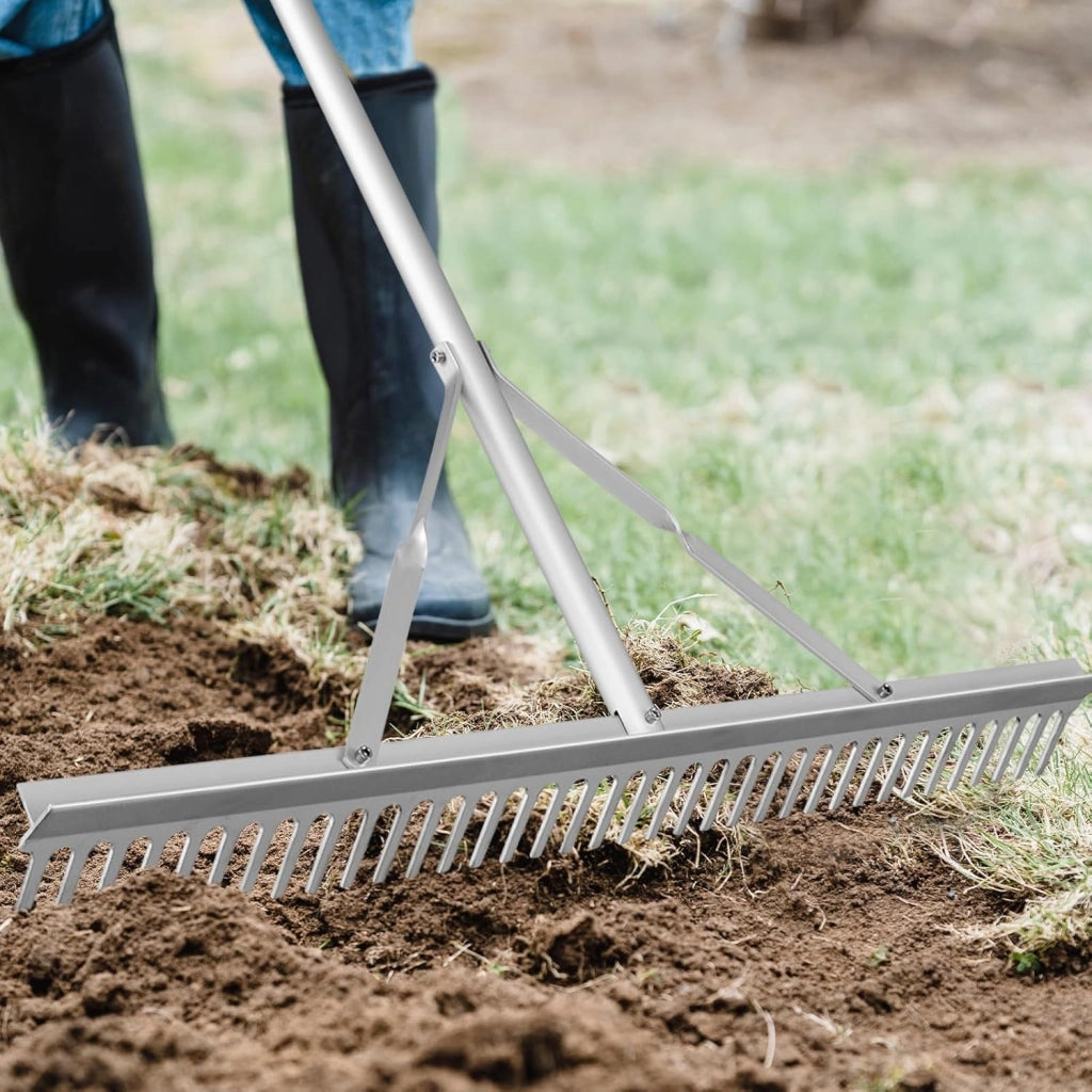 Rastrello da Giardino in Alluminio con Manico Lungo 174 cm, Rastrello da Prato Largo 91 cm con 36 Denti Rigido per Paesaggio, Ideale per Foglie, Erbacce, Terreno e Detriti (Stile B)