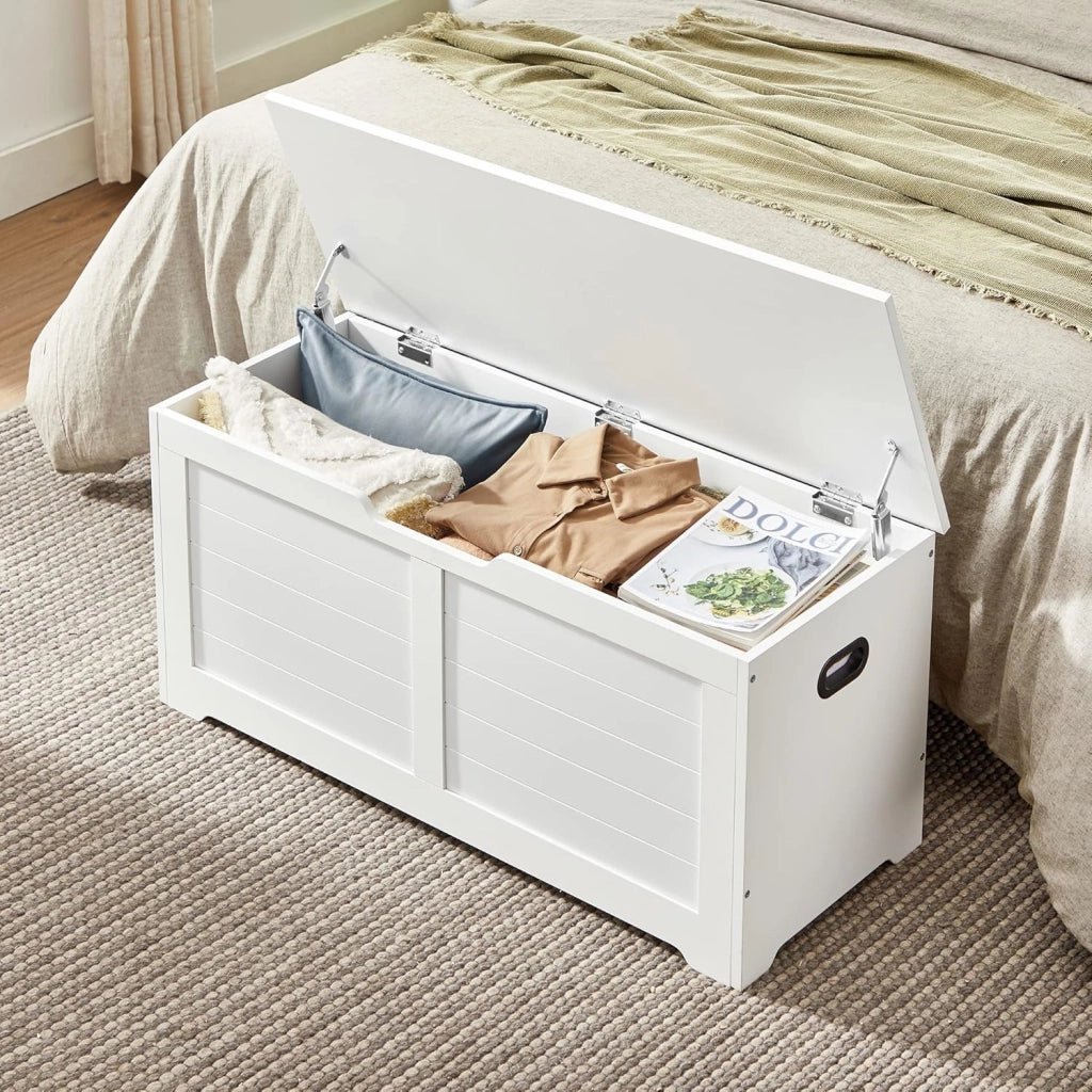 VASAGLE Cassapanca, Panca Portaoggetti, Pouf Organizzatore con 2 Cerniere di Sicurezza, Scarpiera, 40 x 100 x 46 cm, Corridoio, Camera da Letto, Soggiorno, Bianco Nuvola LSB061T10