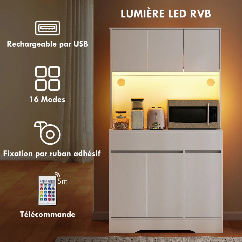 Credenza da cucina ¨C zephmum ¨C bianco, legno, 6 ante, 2 cassetti, luce LED