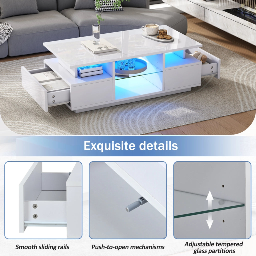 Tavolino basso con 2 cassetti e ripiani in vetro con LED bianco lucido 100 × 50 × 36 cm