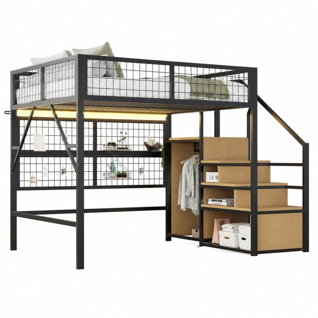Letto a soppalco in metallo 140x200 cm con scala contenitore, LED controllato da app e armadio aperto, Nero/Bianco