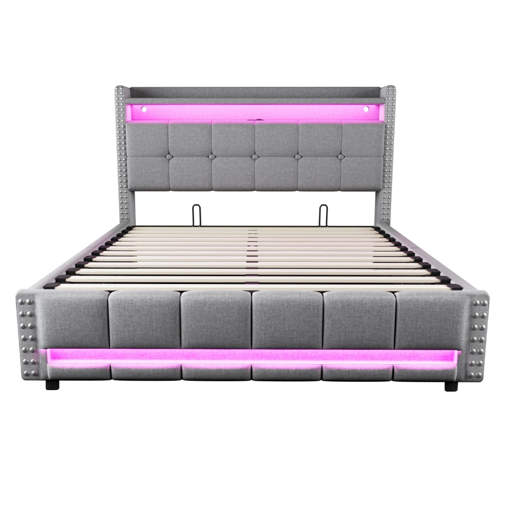 OKWISH Letto Contenitore 160×200 cm, Letto Matrimoniale con LED Regolabile, USB, Tipo C e Mensole, senza Materasso, in Tessuto, Grigio Chiaro