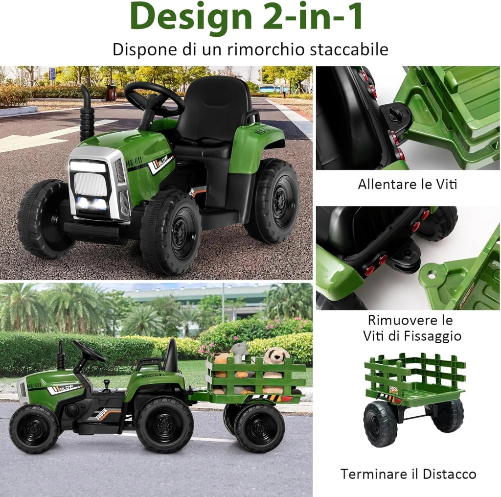 Trattore con Rimorchio Cavalcabile per Bambini 12V, Trattore Elettrico Telecomandato, con Luci e Suoni, 30kg, 3+ Anni (Verde Scuro)