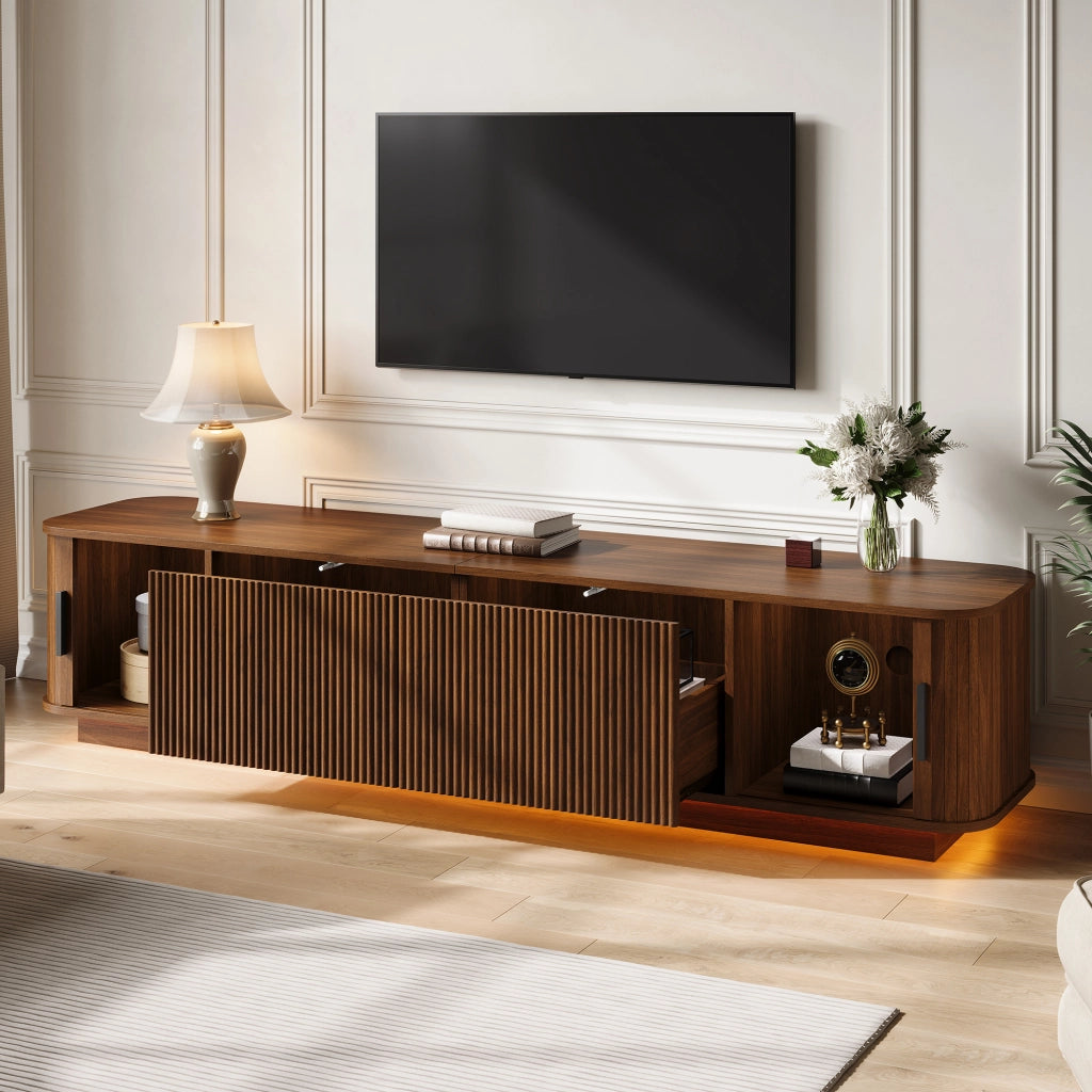 Mobile porta TV con LED, 2 cassetti e 2 ante scorrevoli, per soggiorno, in MDF e truciolare, noce, 180 × 40 × 40 cm