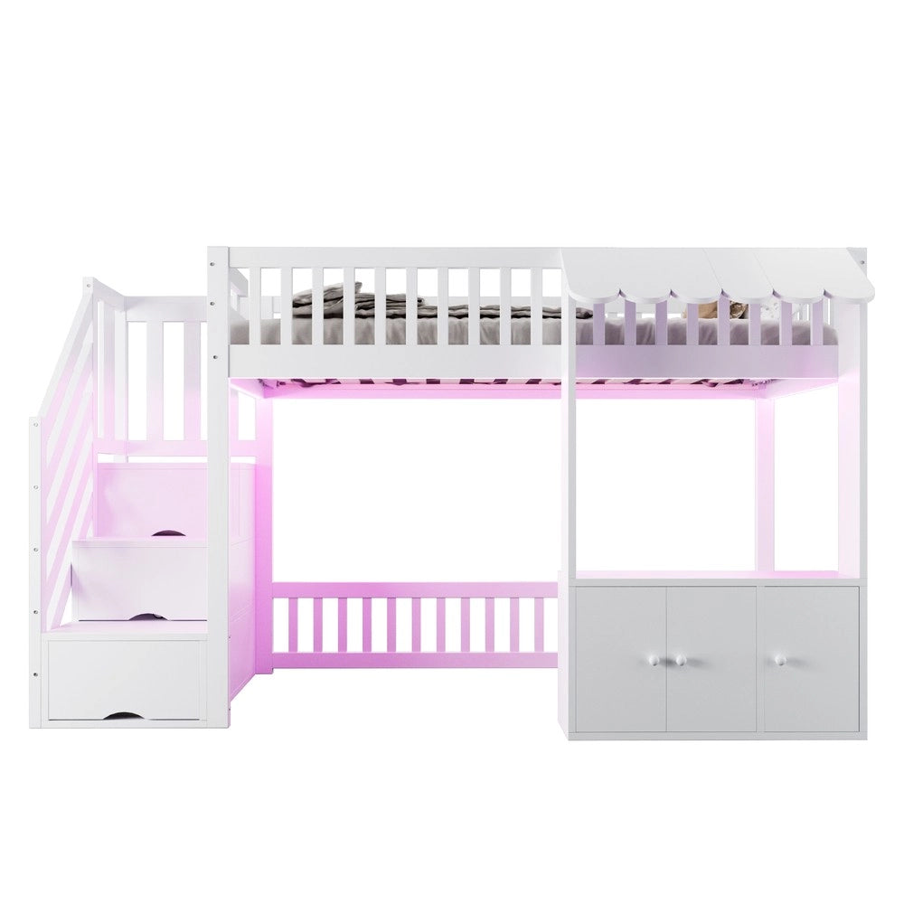 Letto a Soppalco Singolo con Armadio, Scala, LED e Rete a Doghe ¨C Xylo ¨C Bianco 90x200