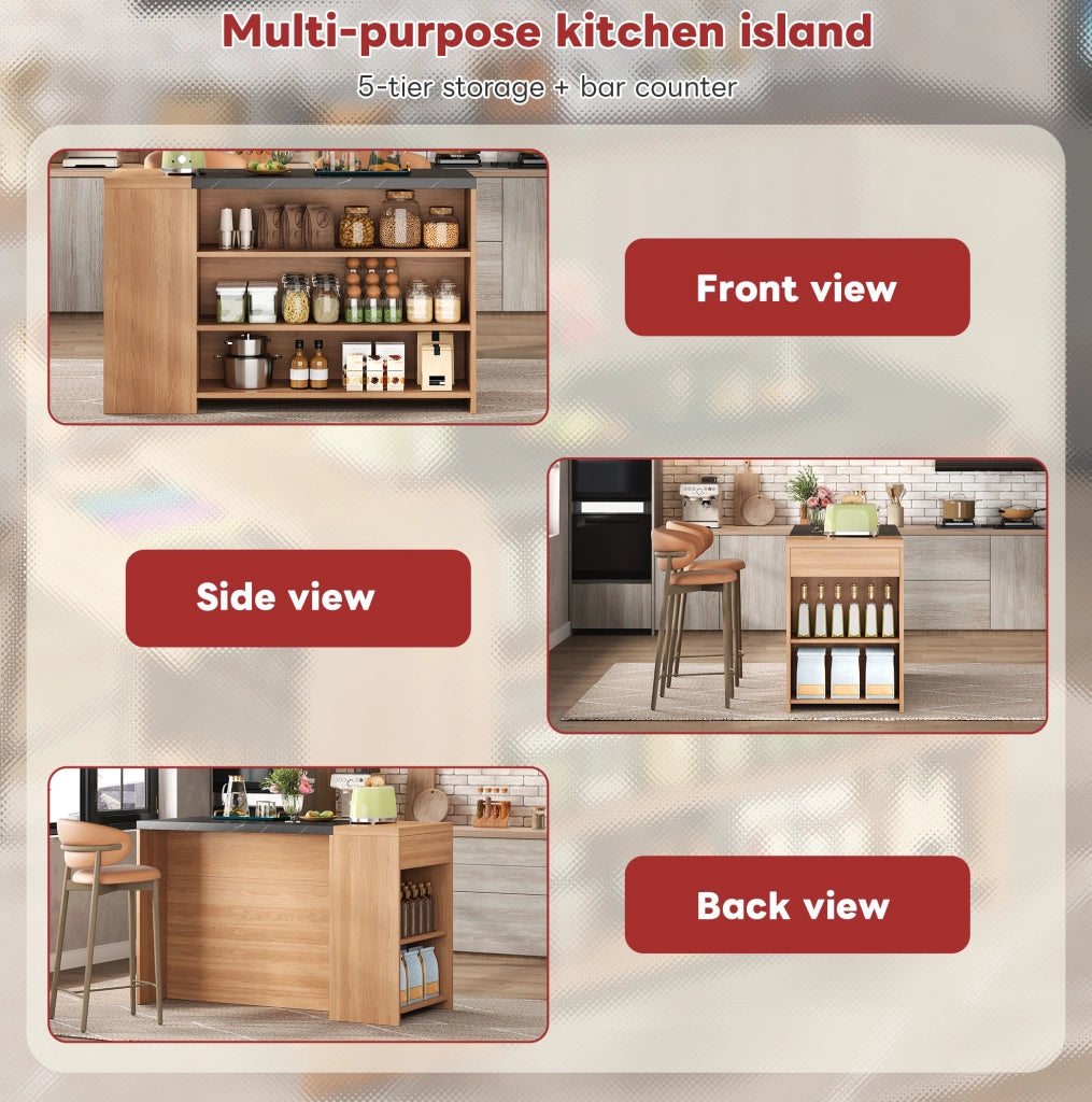 Isola cucina con bancone e cassetto nascosto 140x60x90 cm MDF nero effetto marmo e rovere