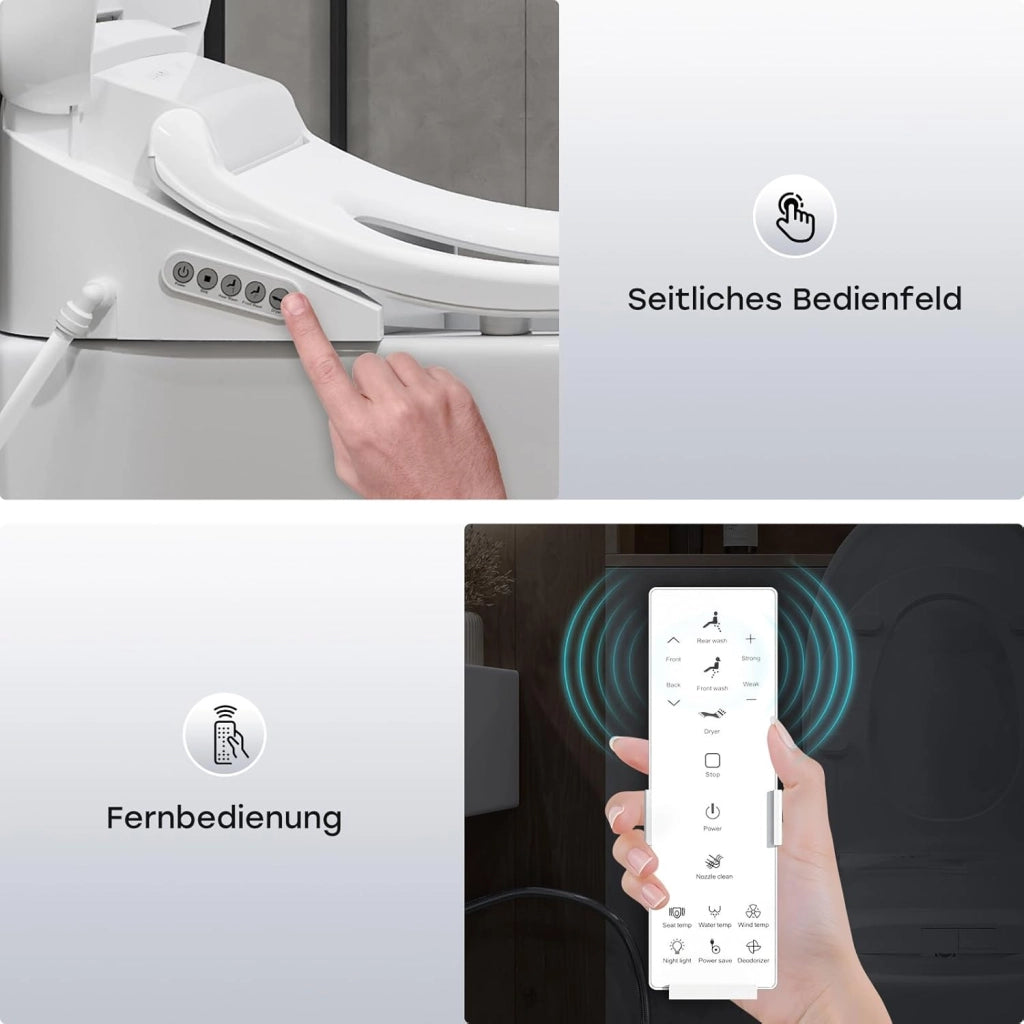 Copriwater intelligente con spruzzatore autopulente e installazione di asciugatura ad aria calda, sedile per doccia con luce notturna, deodorazione, risparmio energetico