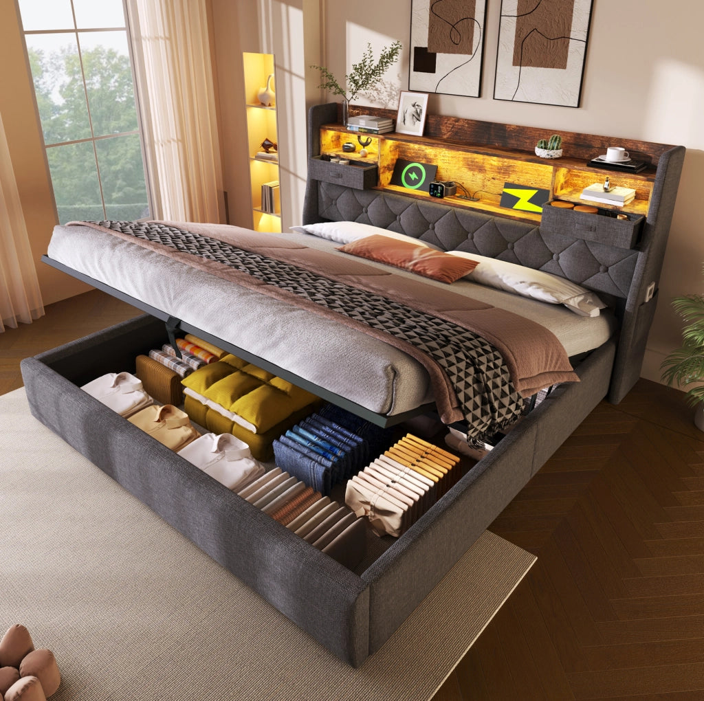 Letto matrimoniale 140x190 cm con contenitore idraulico; LED e porte USB in lino grigio