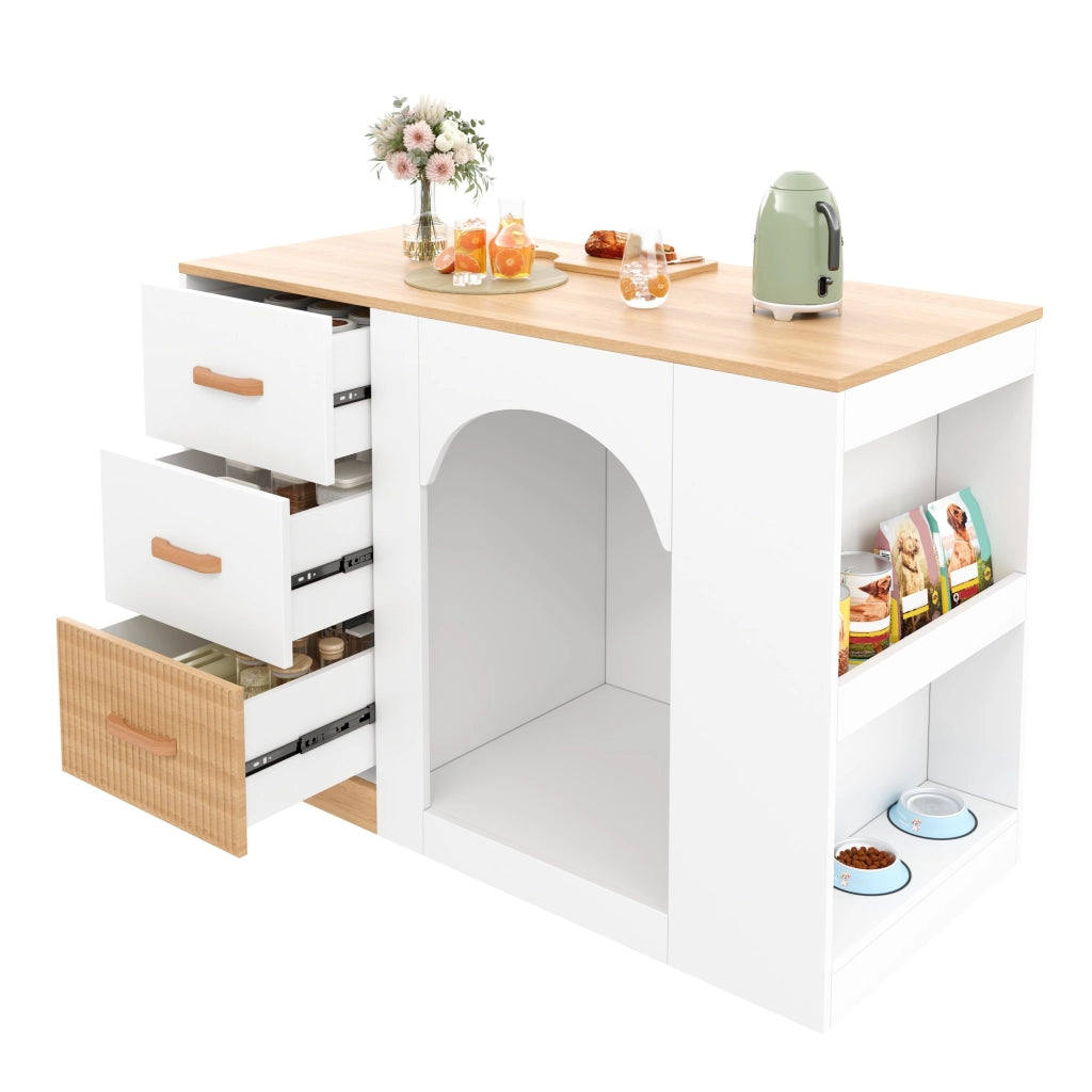 Isola da Cucina 120×60×90 cm con 3 Cassetti; 2 Ripiani Laterali e Zona Riposo per Animali; Bianca Legno