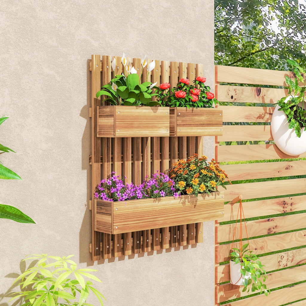 Fioriera Verticale a Doghe con 3 Vasi Rimovibili ¨C zephmum ¨C Legno di Abete, Marrone Bruciato, 60x16x80 cm