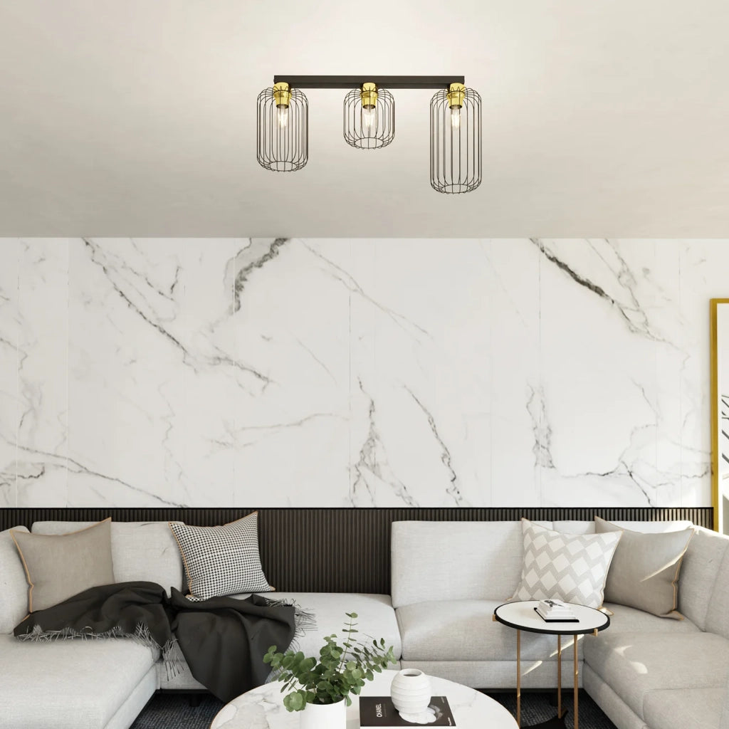 Plafonriera Minimal Industrial Vulcano 3 Luci Lineari Nera E Oro