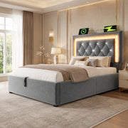 Letto singolo 90x200 cm in velluto grigio con LED, porte USB/Type-C e contenitore idraulico