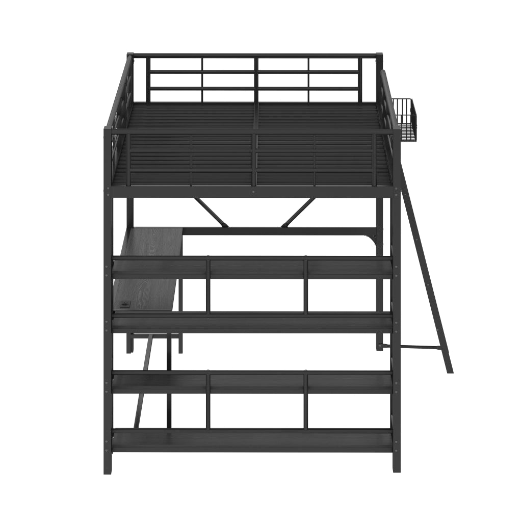 Letto a soppalco 140 × 200 cm con scrivania, ripiani, cesto portaoggetti, USB et LED, senza materasso, nero