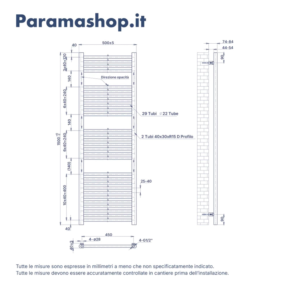 Termoarredo idraulico 1500x500 nero opaco interasse 450 | Polaris