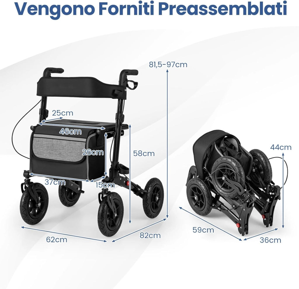 Deambulatore Pieghevole per Anziani in Alluminio, Rollator Regolabile in Altezza con Seduta, Schienale e Freni, Girello per Anziani con Borsetta, Carico Massimo 140 kg (Nero)