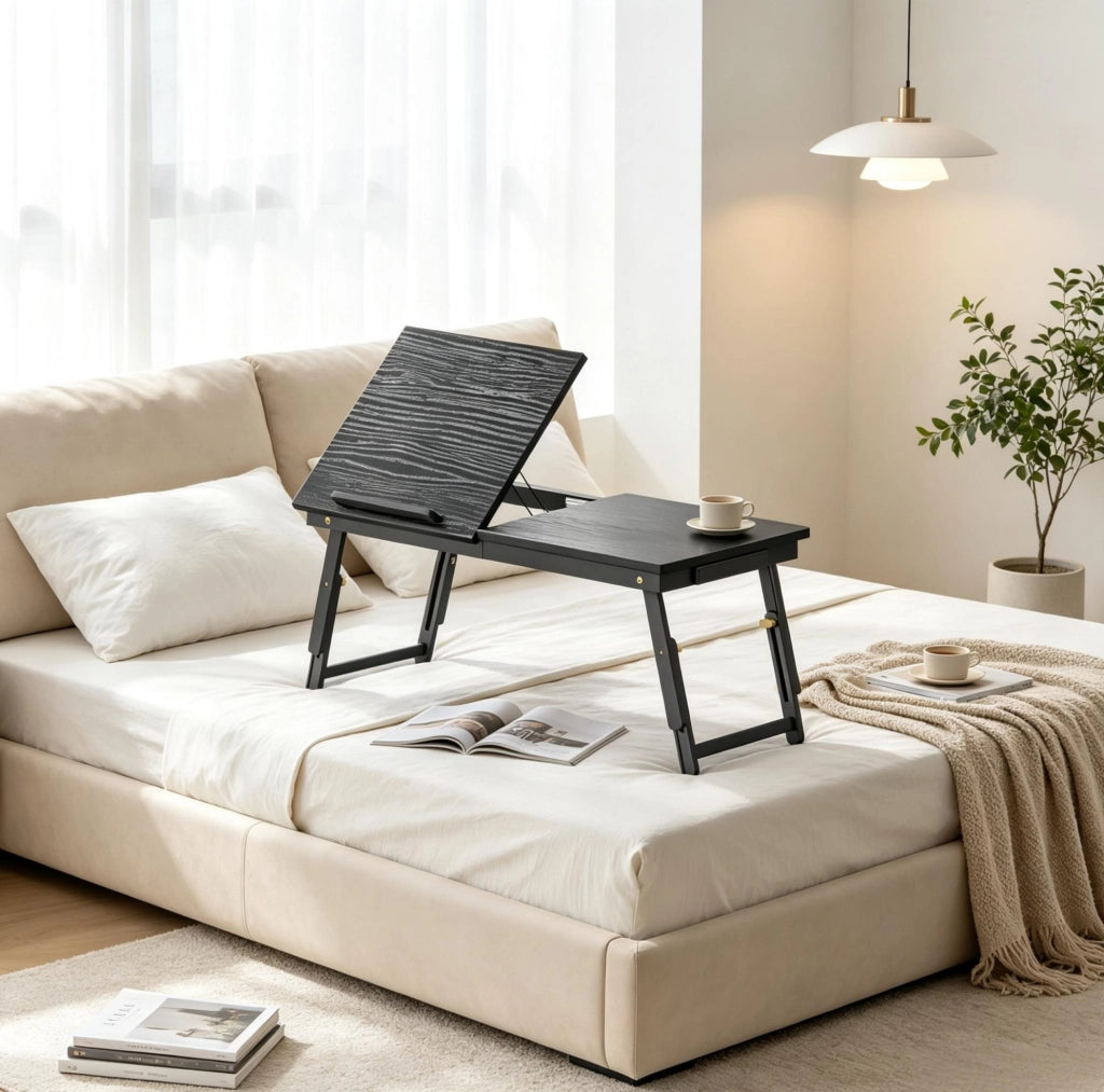 Tavolino da letto pieghevole e regolabile in bambù con piano inclinabile 70x33 cm nero