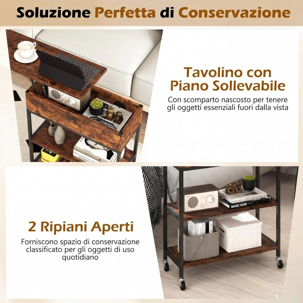 Tavolino con Piano Sollevabile e Stazione di Ricarica, Tavolino Laterale con Ruote Bloccabili, Contenitore Nascosto e Ripiani Aperti, Mobile per Camera da Letto e Soggiorno