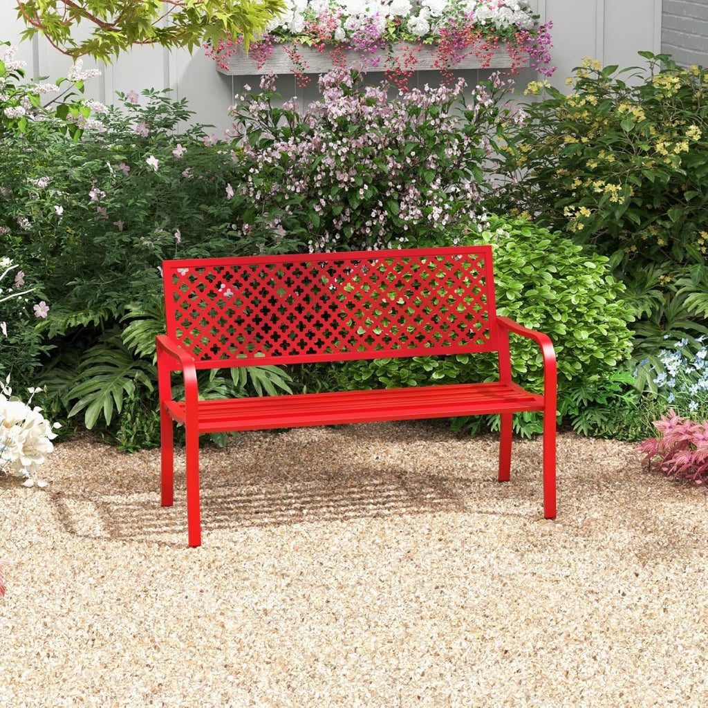 Panca esterna da giardino per 2 persone, panca esterna in acciaio e braccioli curvi con seduta a doghe, panca da giardino con schienale traforato carico 300 kg