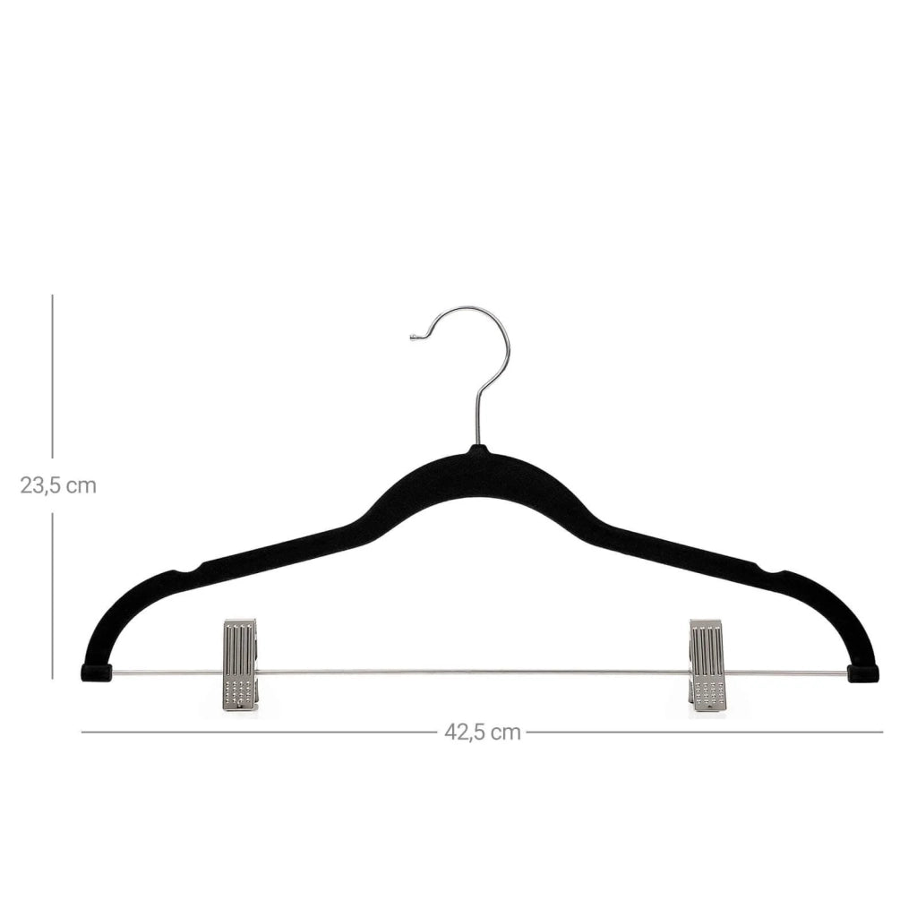 Set di 12 grucce in velluto con tacche e clip sottili antiscivolo salvaspazio gancio girevole per abiti camicie giacche cappotti lunghezza 42,5 cm nero 12_0003483