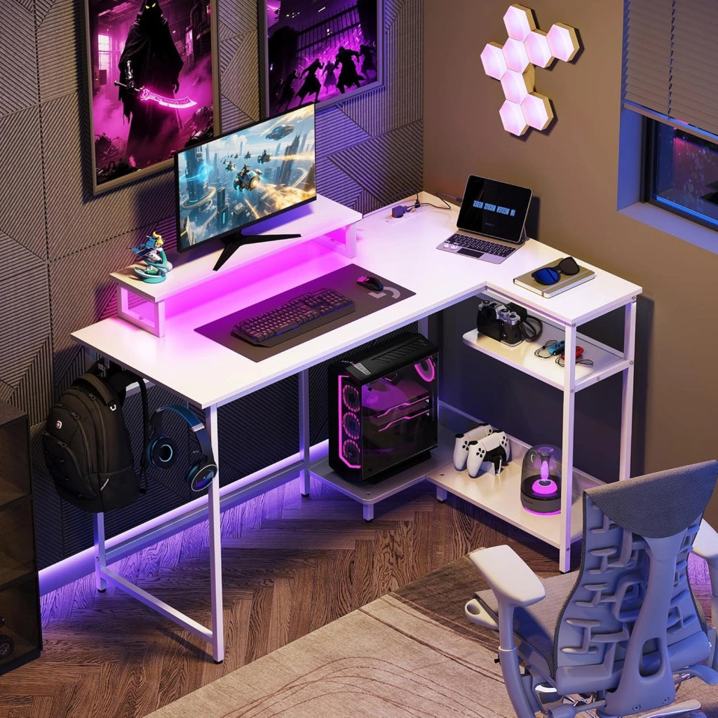 Scrivania Angolare Gaming con LED RGB ¨C Zephmum ¨C 122x80 cm Bianco Rovere