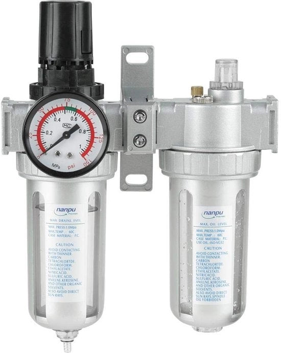 Regolatore di filtro dell'aria 1/2 pollice - Regolatore oli-acqua - Precisazione del filtro 40um - Lega di alluminio - Pressione massima di lavoro 1 MPa - Protegge gli attrezzi per aria compressa - Filtro dell'aria