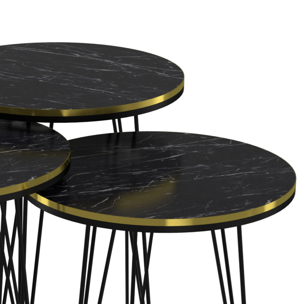 Set 'Ryslinge' di 3 Tavolini da Salotto Tavolini Bassi a Treppiede in Altezze Diverse Gambe a Forcina e Piani Rotondi Ø 36 cm - Marmo Nero / Oro [en.casa]