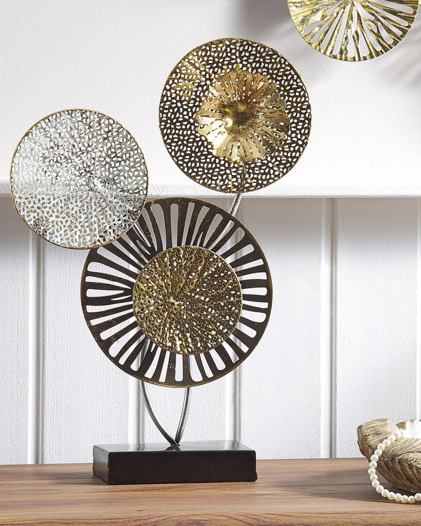 Pezzo decorativo metallo dorato e argento 44 cm cerchi rustico moderno industriale