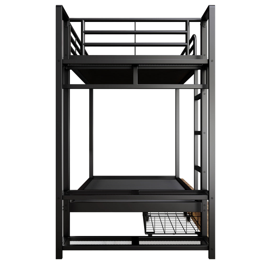 Letto a castello 90x200 cm in metallo e MDF con LED; 2 cassetti; ripiani e barra appendiabiti; nero